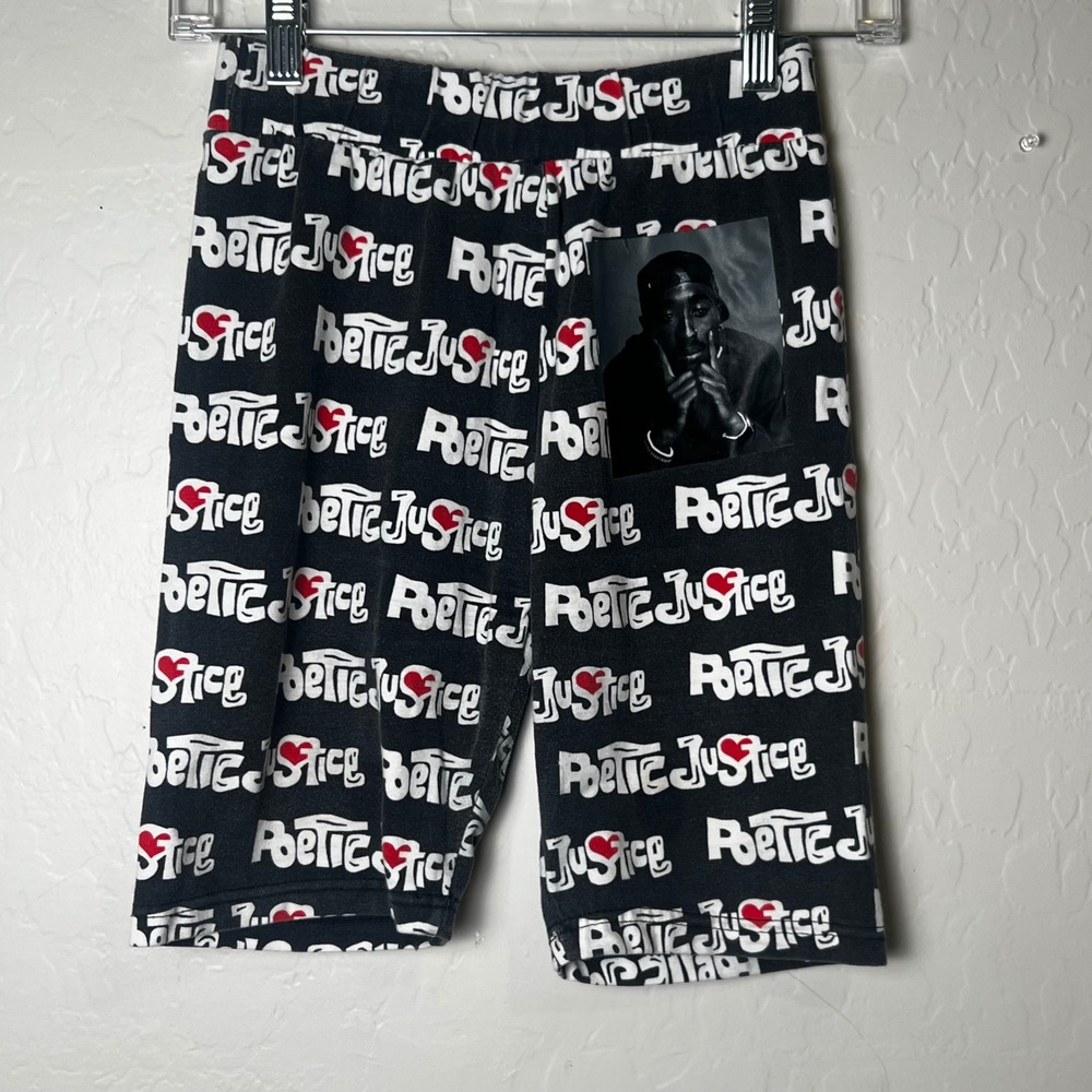 Poetic Justice Tupac Shakur Graphic Biker Shorts Black White Red Hearts Small